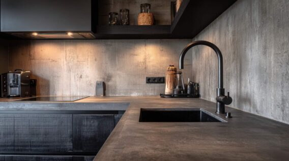 Keuken met donker betonlook werkblad en achterwand, zwarte spoelbak en kraan, inductiekookplaat en koffieapparaat