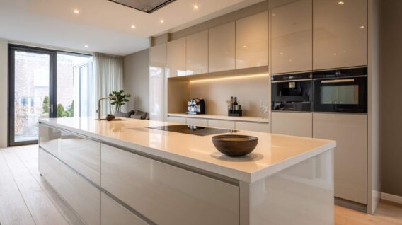 Design keuken met hoogglans kasten, groot kookeiland met lichte werkblad, ingebouwde oven en glazen pui naar de tuin