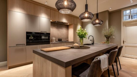 High-end keuken met groot kookeiland, donker werkblad, houten kastenwand, ingebouwde ovens en hanglampen boven het eiland